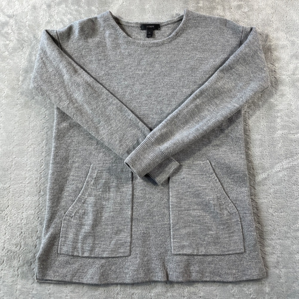 J Crew‎ Tunic Sweater Womens XS Gray Merino Wool Pockets Preppy Casual Fall